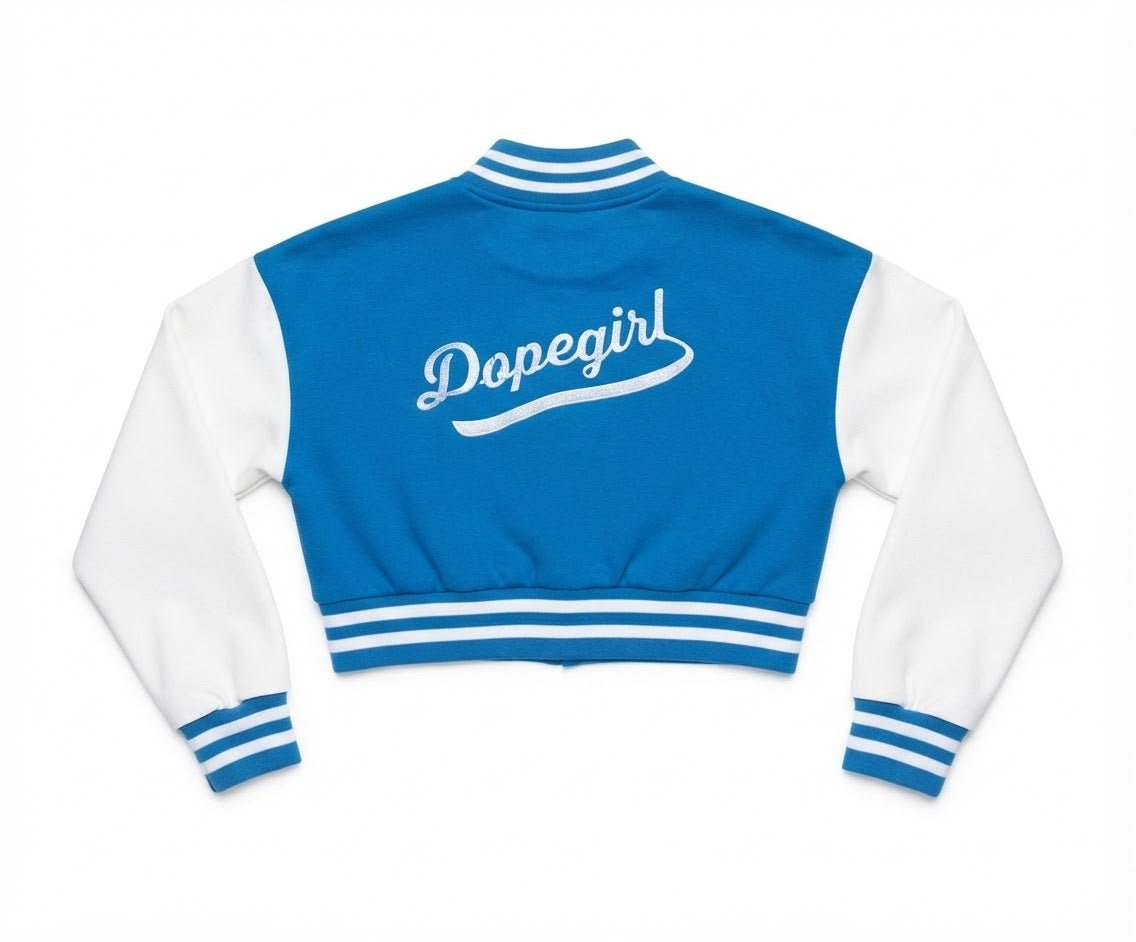 . "Dopegirl" Cropped Varsity Bomber Jacket