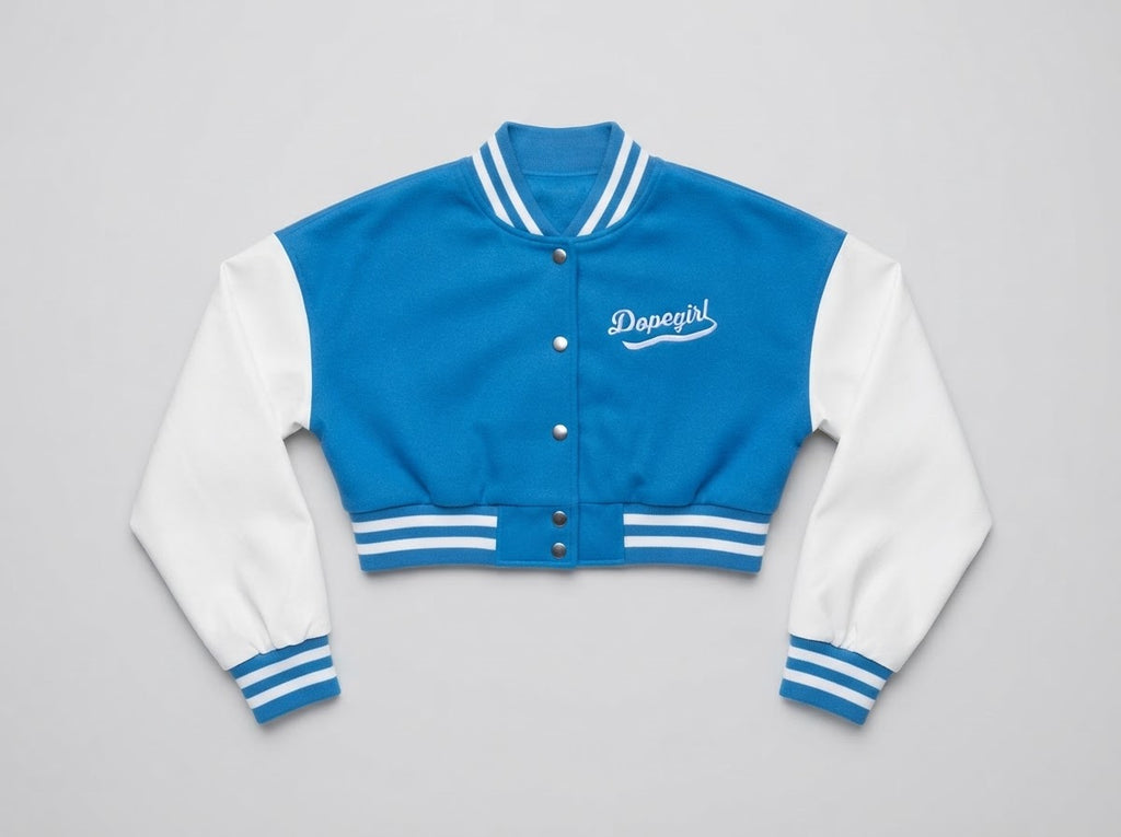 Dopegirl" Cropped Varsity Bomber Jacket