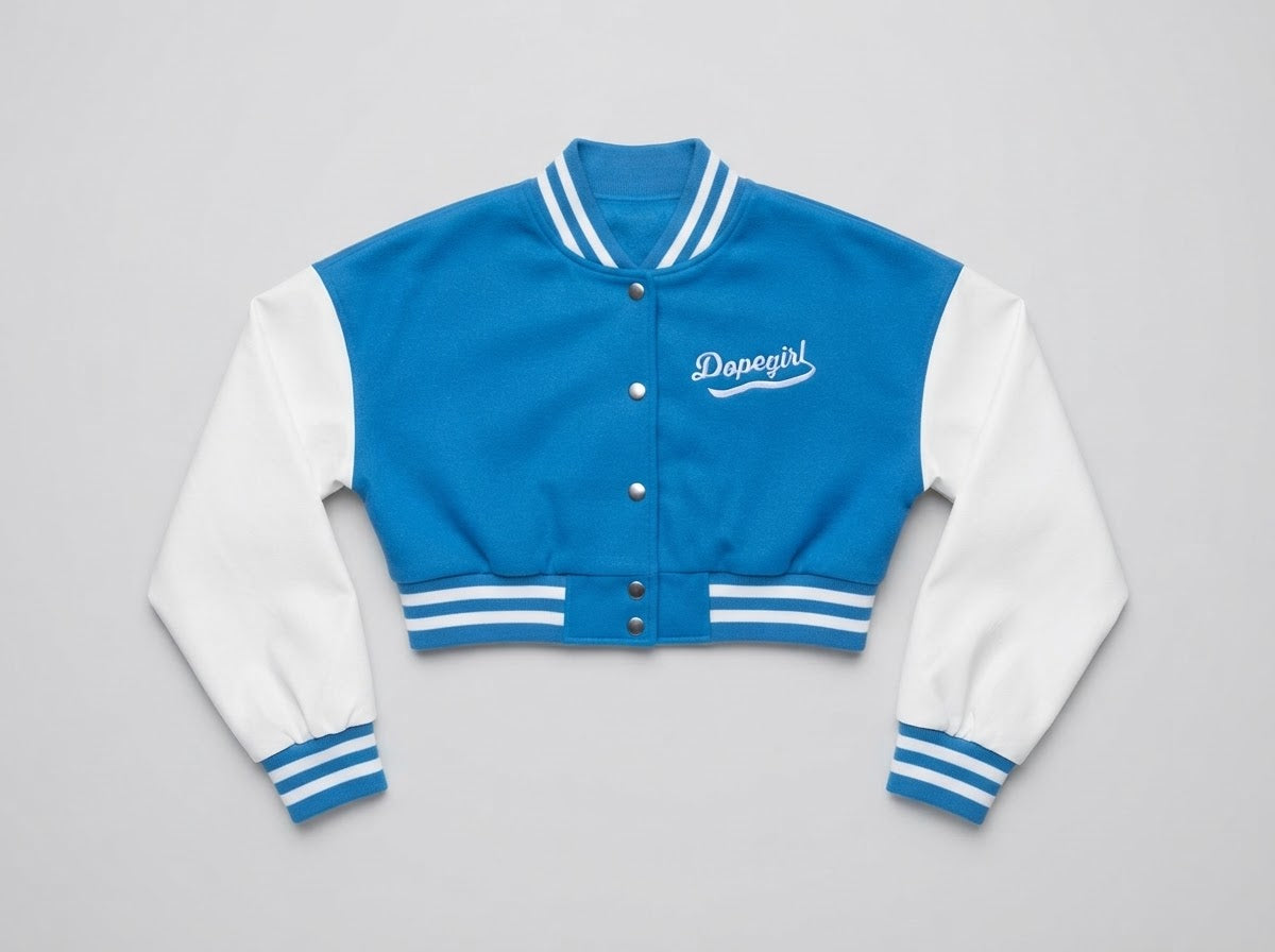Dopegirl" Cropped Varsity Bomber Jacket