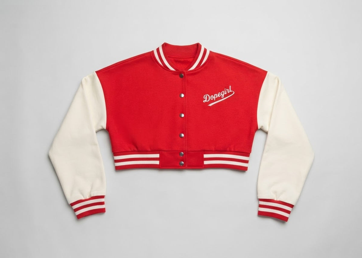 Dopegirl" Cropped Varsity Bomber Jacket