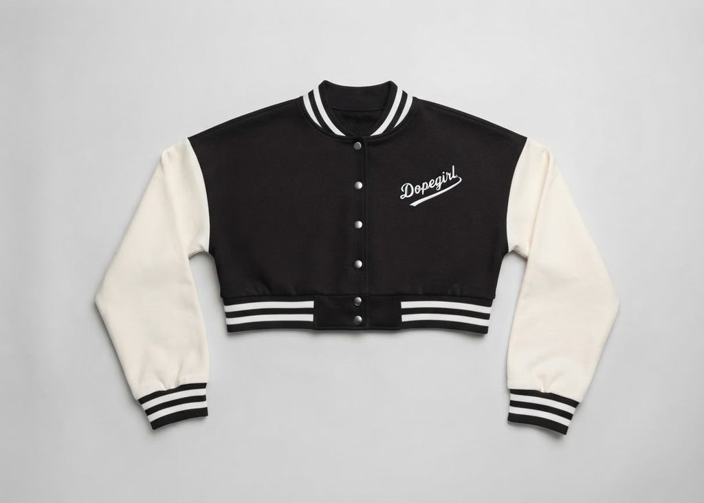 Dopegirl" Cropped Varsity Bomber Jacket