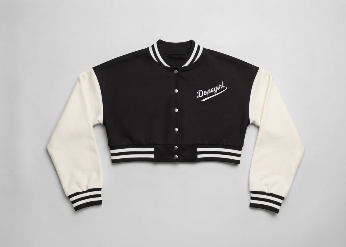 Dopegirl" Cropped Varsity Bomber Jacket